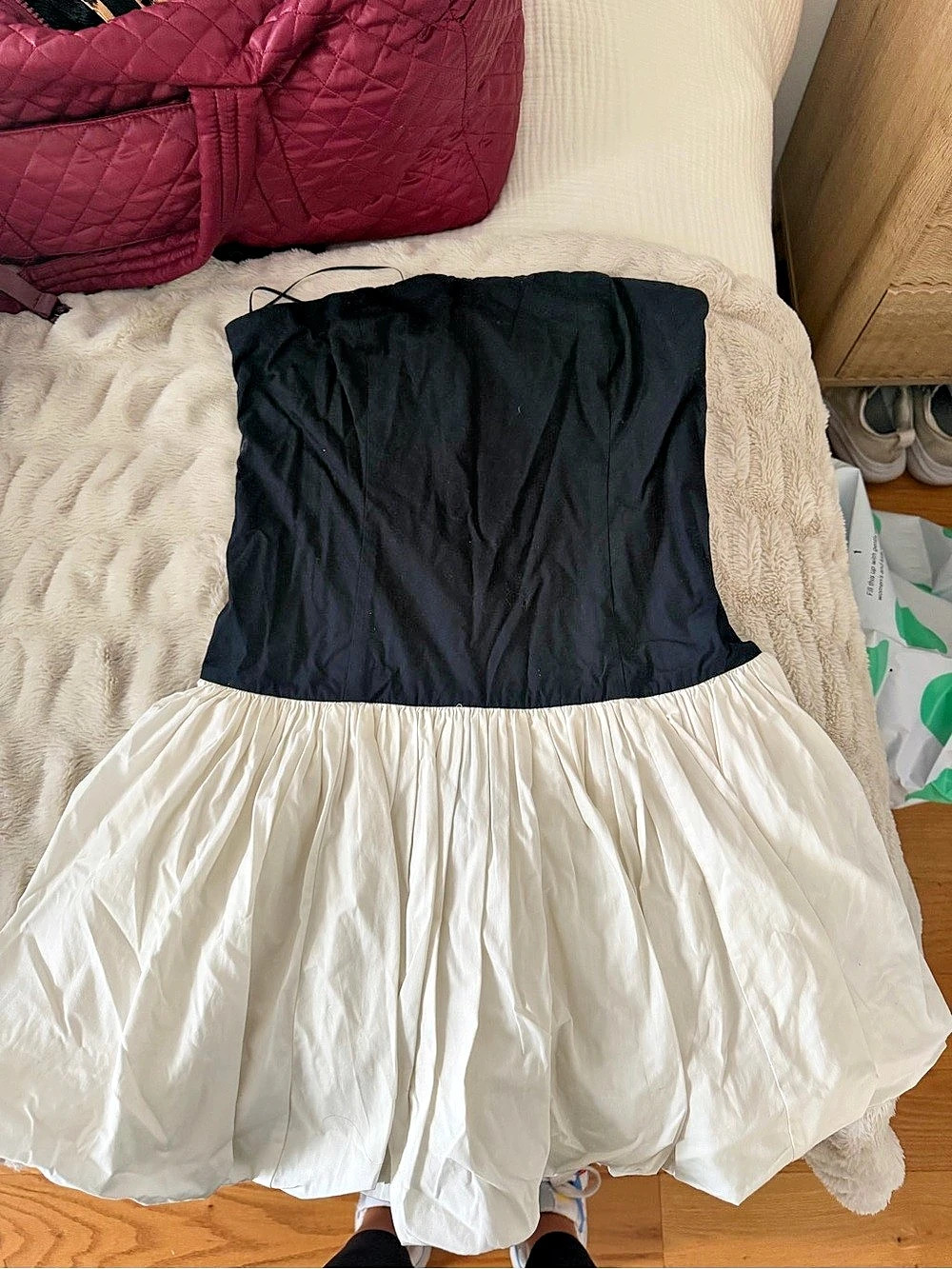 Abercrombie & Fitch Strapless Bubble Hem Mini Dress in Black & White